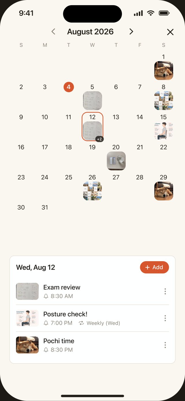 Monthly calendar screen with photo thumbnails on the dates