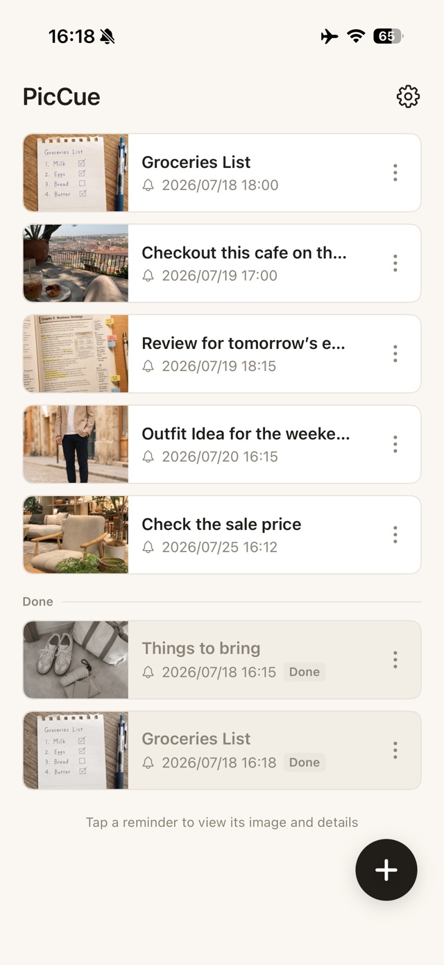 PicCue home screen listing photo reminders for groceries, studying, outfits and sales