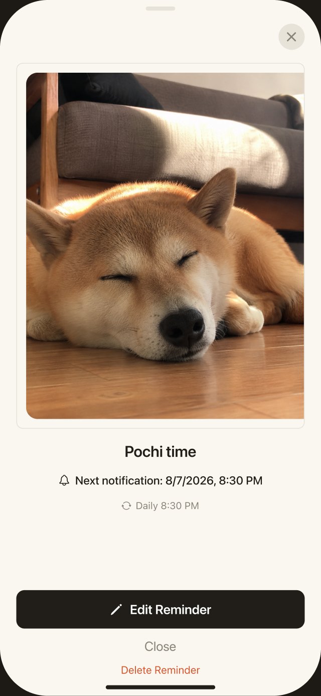 Reminder detail screen showing the photo and the next notification time