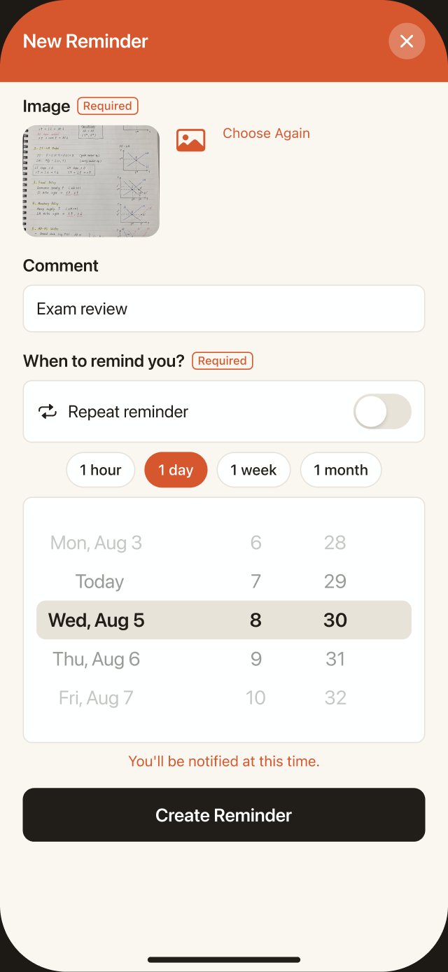 New Reminder screen: pick a photo and choose the date and time