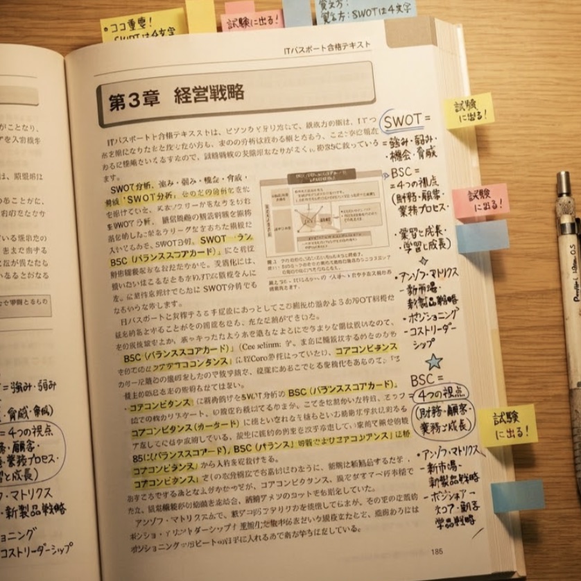 付箋とマーカーで要点をまとめた資格試験の参考書の写真